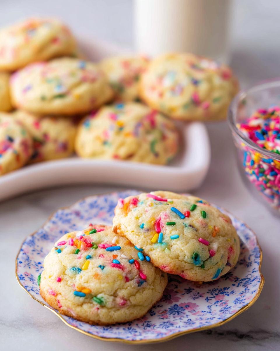 Two soft, chewy Confetti Sprinkle Cookies stacked on a small blue and white floral plate.