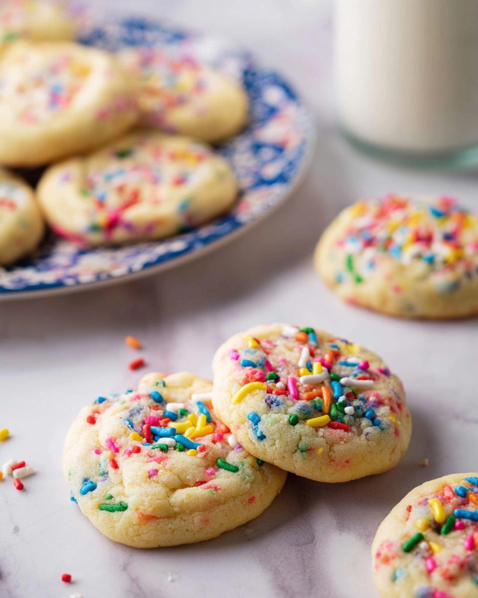 Two soft, round Confetti Sprinkle Cookies stacked slightly, covered in colorful jimmies, with more cookies and milk in the background.
