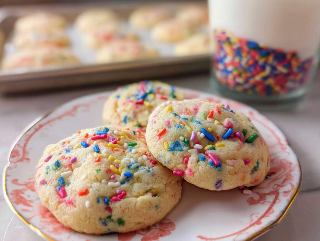 Three soft, thick Confetti Sprinkle Cookies piled on a decorative plate next to a glass of milk.