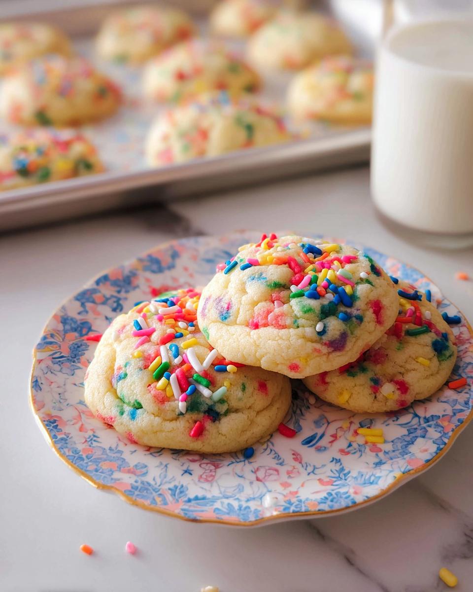 Three soft, thick Confetti Sprinkle Cookies piled on a decorative plate, with more cookies and milk in the background.