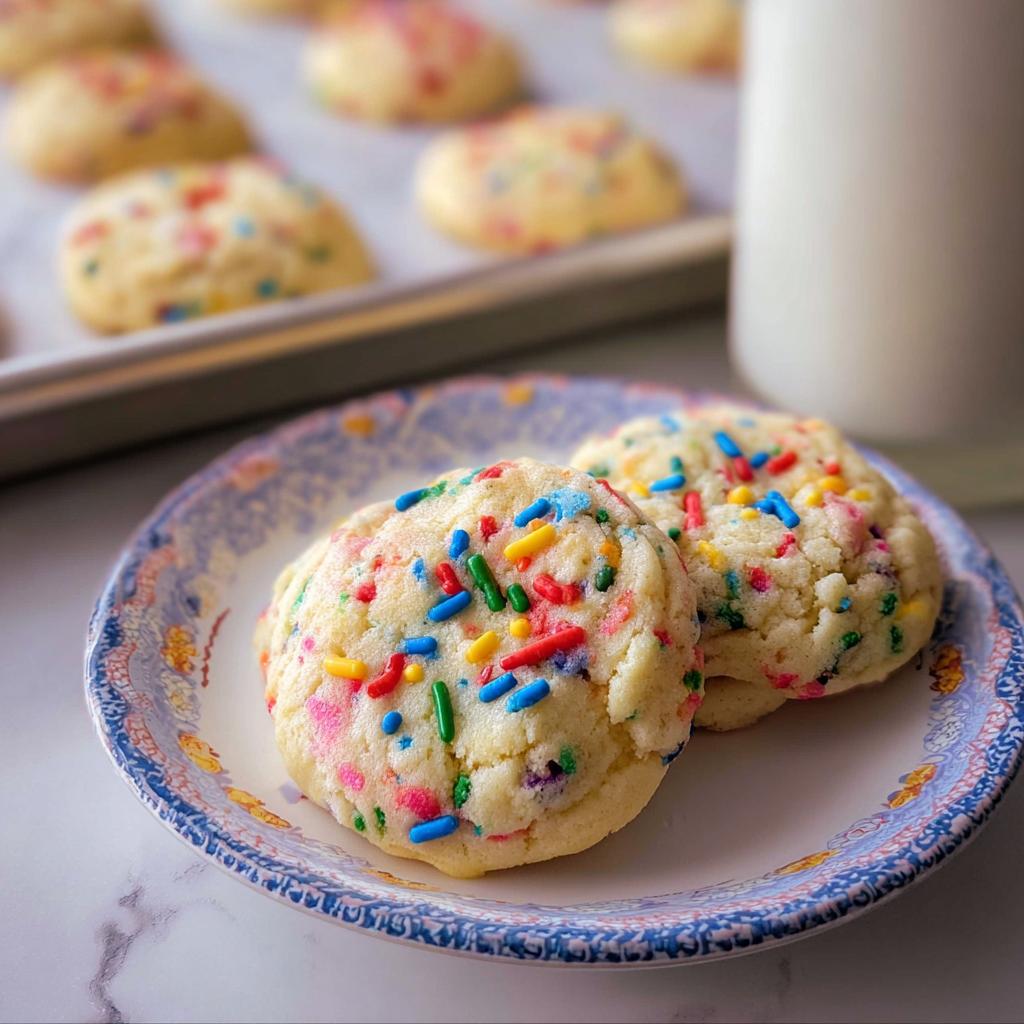 Two soft, thick Confetti Sprinkle Cookies topped with colorful jimmies resting on a decorative blue and white plate.