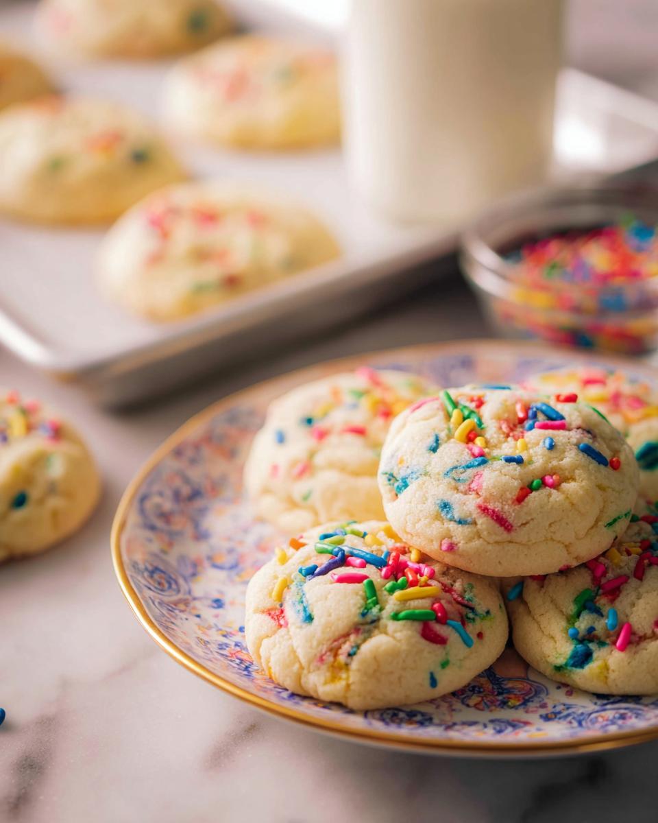 A stack of soft, round Confetti Sprinkle Cookies loaded with colorful jimmies, served on a decorative plate.