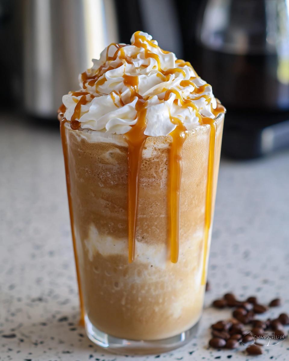A tall glass filled with a blended Caramel Frappuccino (Copycat), topped high with whipped cream and drizzled generously with caramel sauce.