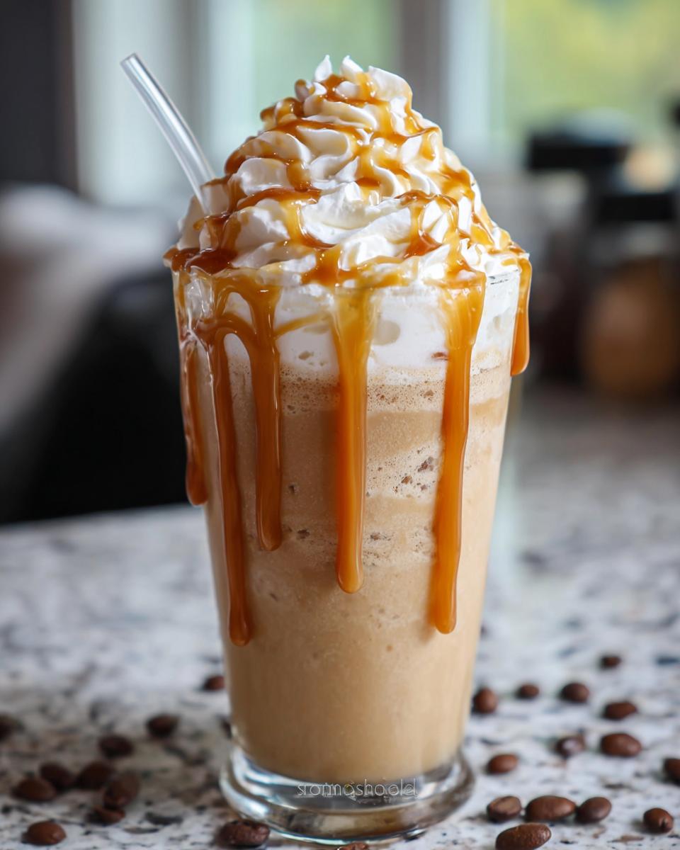 A tall glass of homemade Caramel Frappuccino topped with whipped cream and dripping caramel sauce, resting on a counter with coffee beans.