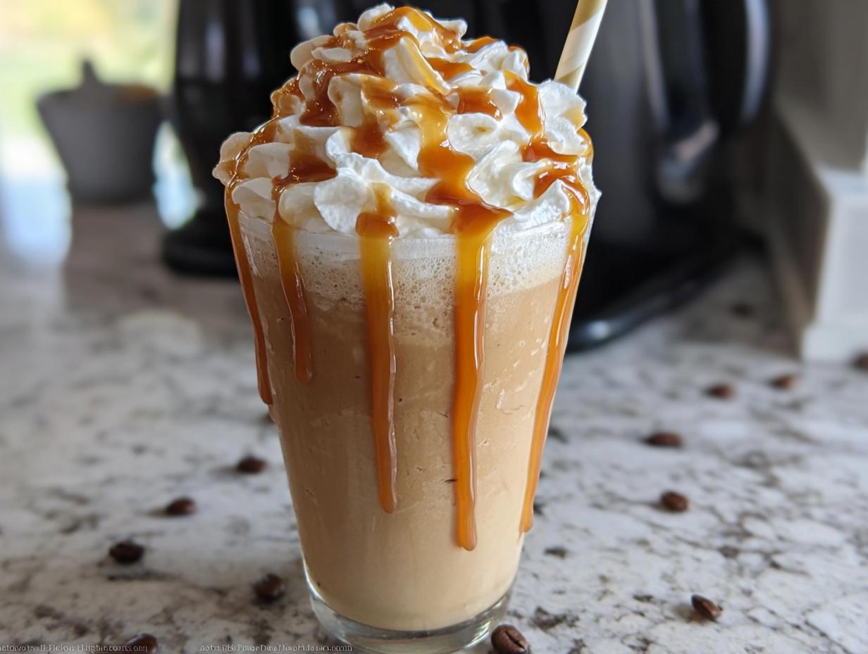 A tall glass filled with a blended Caramel Frappuccino (Copycat) topped with whipped cream and drizzled with caramel sauce.