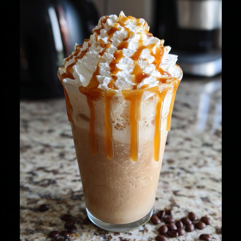 A tall glass filled with a blended Caramel Frappuccino, topped high with whipped cream and drizzled with caramel sauce.