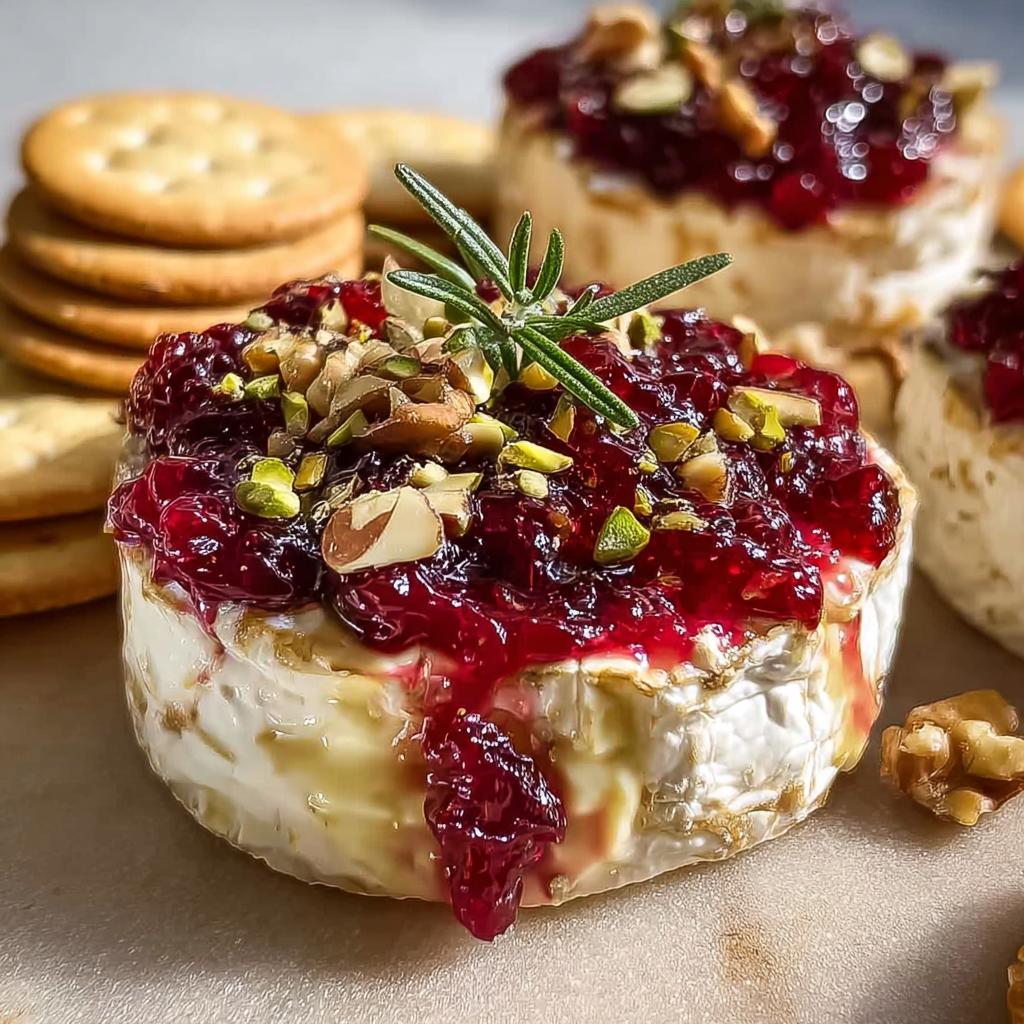 A close-up of a warm Cranberry Brie Bite topped with cranberry sauce, chopped nuts, and a sprig of rosemary.