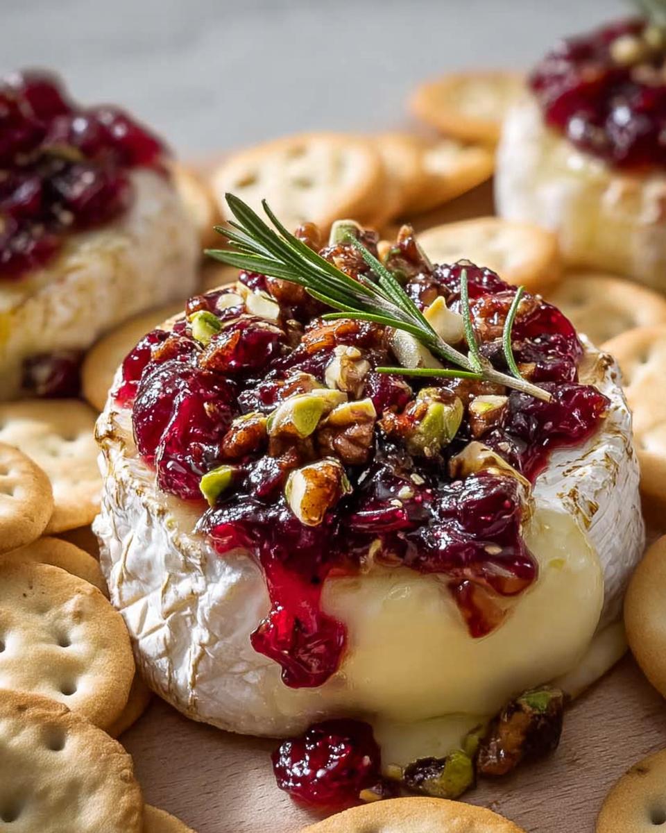 Close-up of a warm Cranberry Brie Bite topped with cranberry sauce, nuts, and a rosemary sprig, surrounded by crackers.
