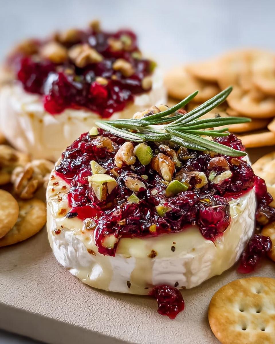 Close-up of warm Cranberry Brie Bites topped with cranberry sauce, walnuts, pistachios, and rosemary.
