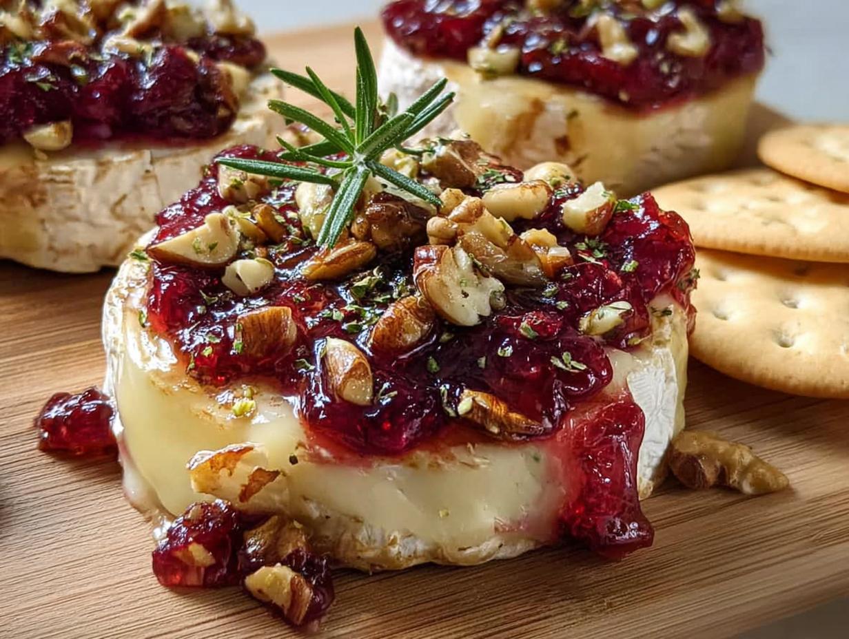 Close-up of warm Cranberry Brie Bites topped with cranberry sauce, chopped nuts, and rosemary garnish.