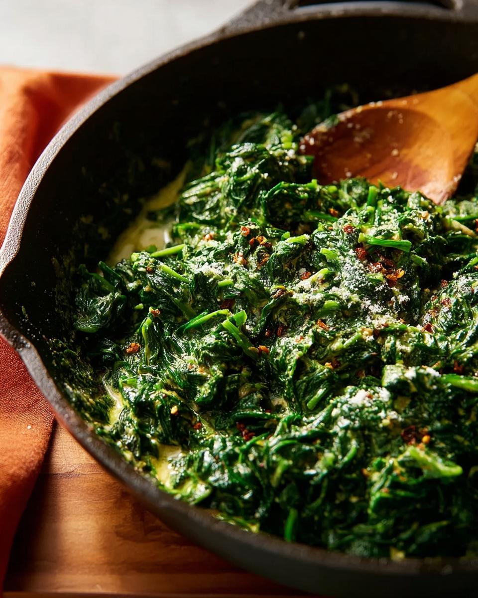 Close-up of rich, green Creamed Spinach (Steakhouse Style) topped with grated cheese and spices in a black cast iron skillet.
