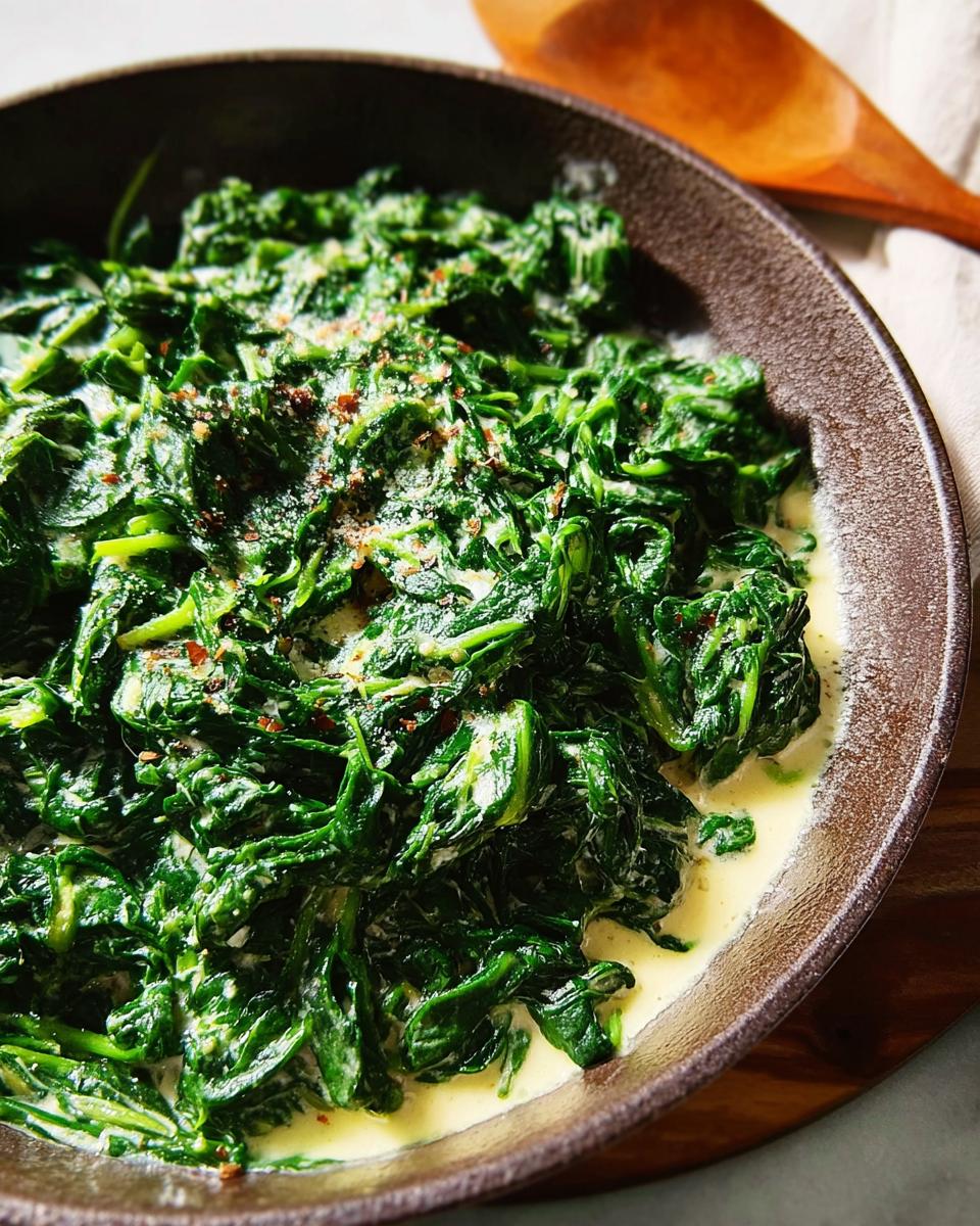 Close-up of rich, vibrant green Creamed Spinach (Steakhouse Style) served in a dark brown bowl with a creamy sauce.