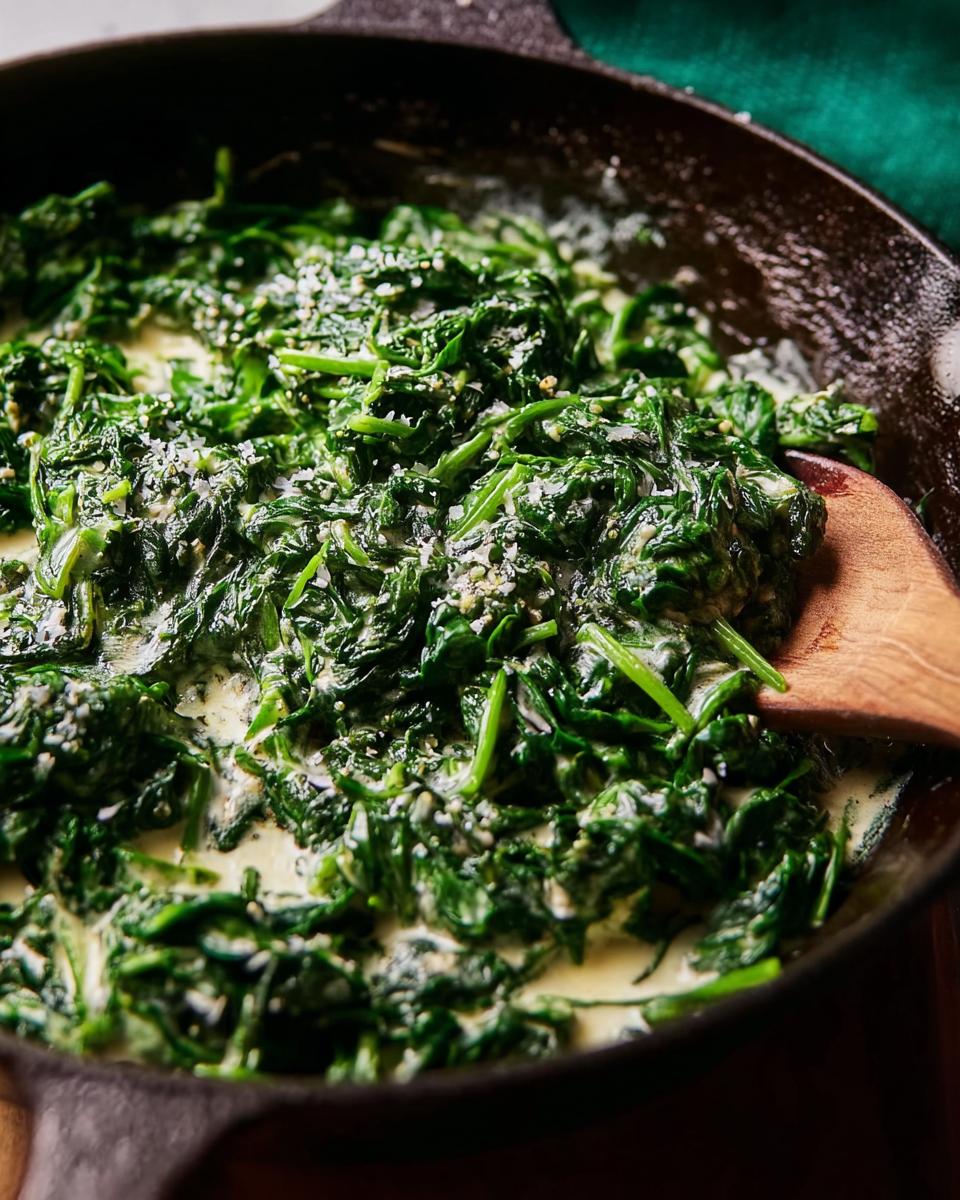 Close-up of rich, green Creamed Spinach (Steakhouse Style) simmering in a dark cast iron skillet with a wooden spoon.