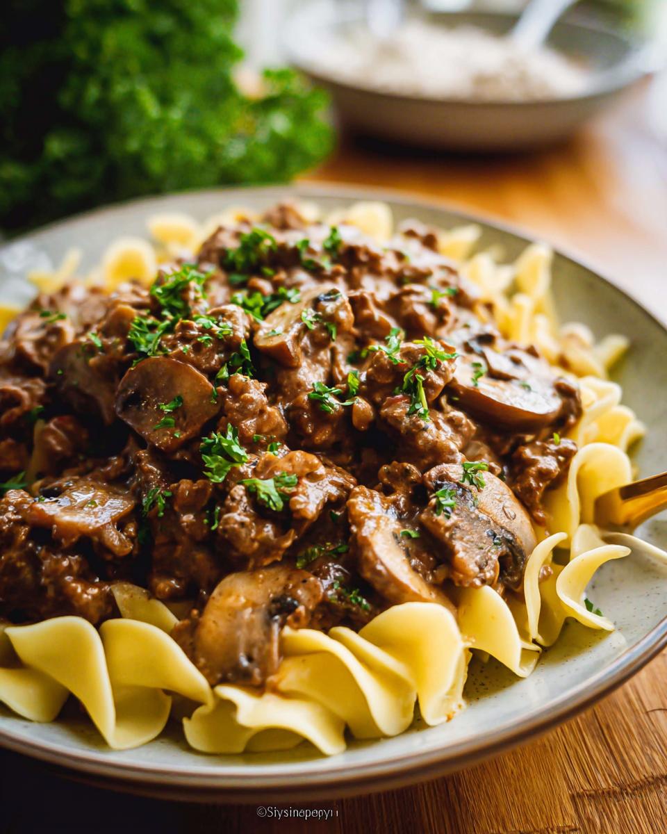 Close-up of creamy beef and mushroom sauce served over wide egg noodles, garnished with parsley.