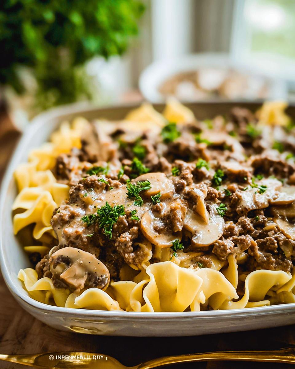 Close-up of a creamy ground beef and mushroom sauce served over wide egg noodles, not Beef Enchilada Casserole.