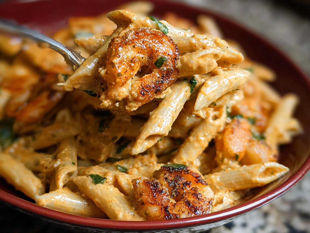 Close-up of creamy Cajun Shrimp Pasta featuring penne noodles and seasoned shrimp being lifted on a fork.