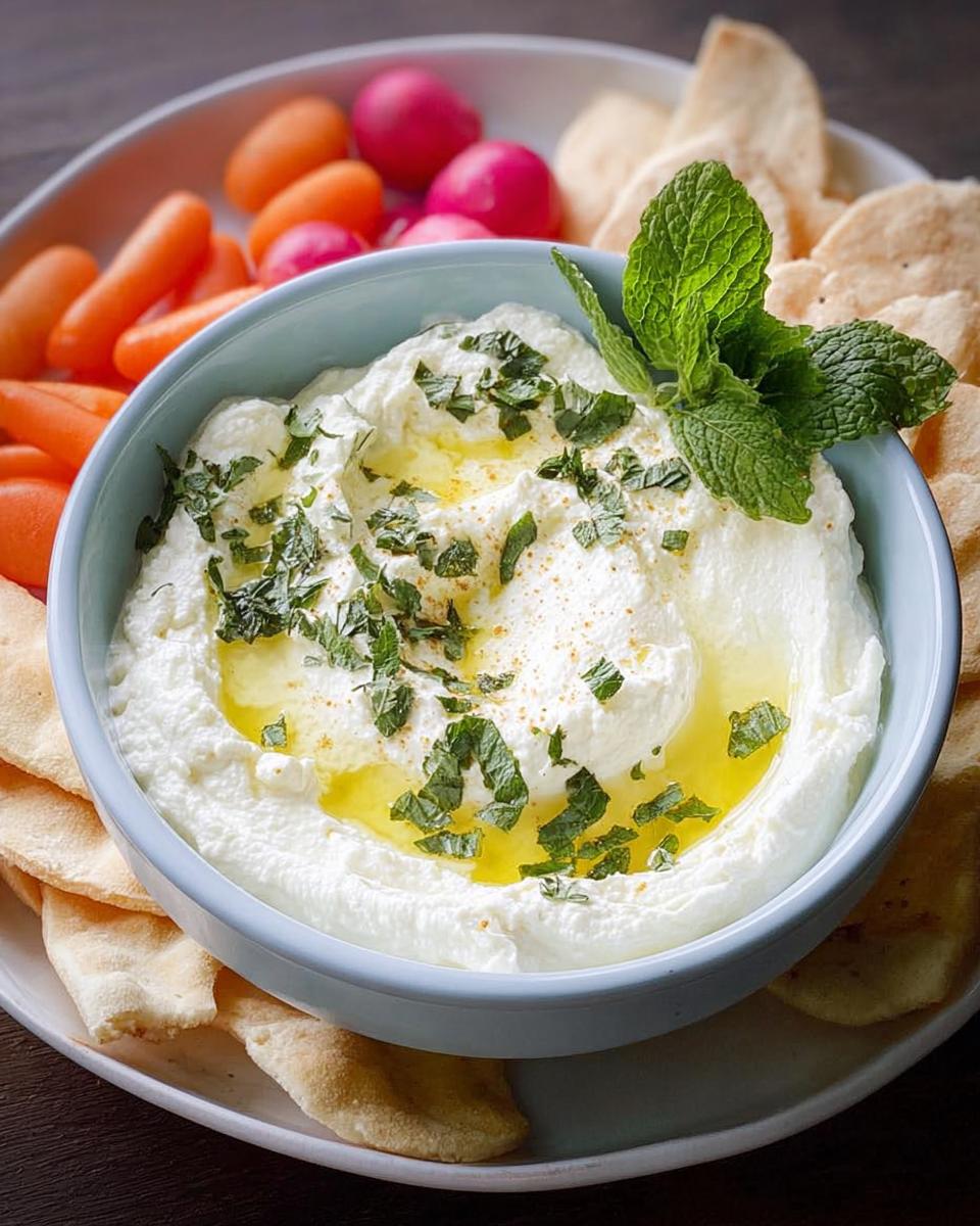 A bowl of creamy white dip, likely yogurt or labneh, drizzled with olive oil and topped with fresh mint, served with pita chips and vegetables for dipping.