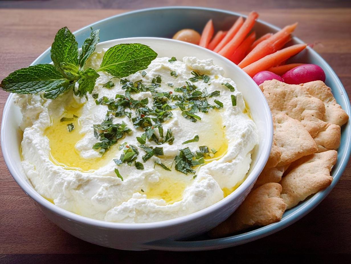 A bowl of creamy white dip topped with olive oil and herbs, served with crackers, carrots, and radishes as one of the 25 Best NYE Snacks for a Crowd.