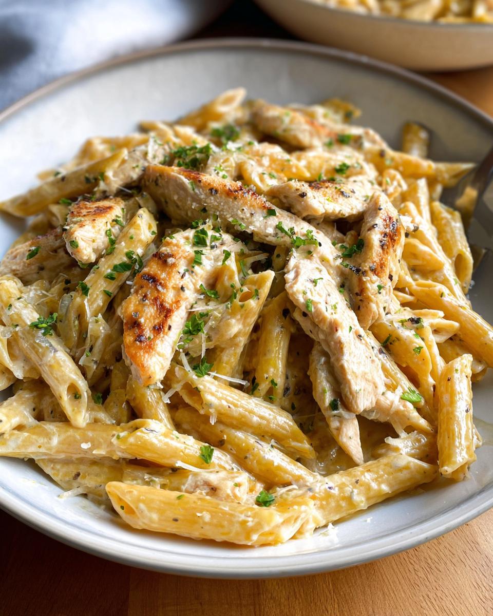 Close-up of Creamy Garlic Parmesan Chicken Pasta featuring penne noodles and sliced grilled chicken.
