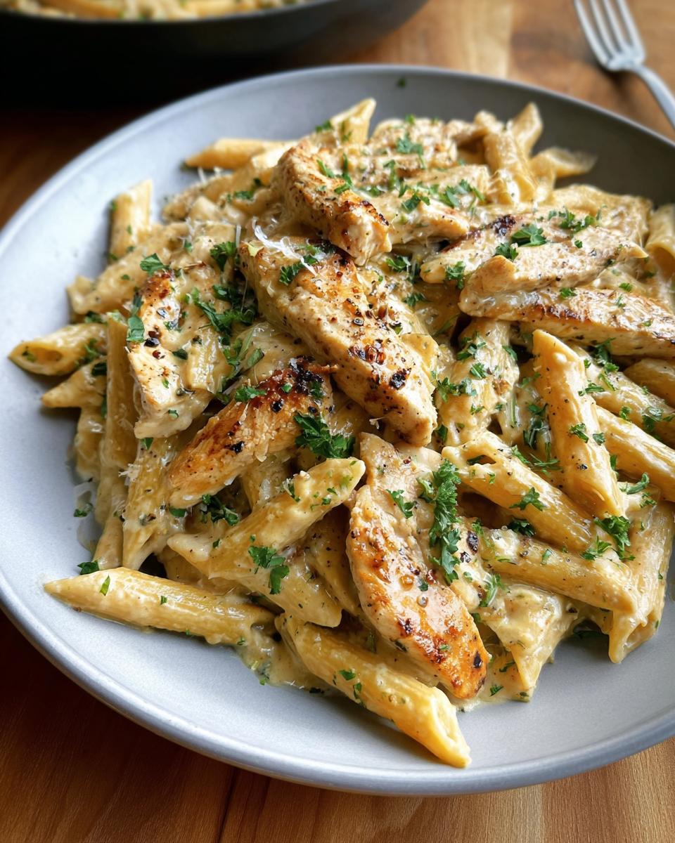 Close-up of Creamy Garlic Parmesan Chicken Pasta with penne, topped with grilled chicken strips and fresh parsley.