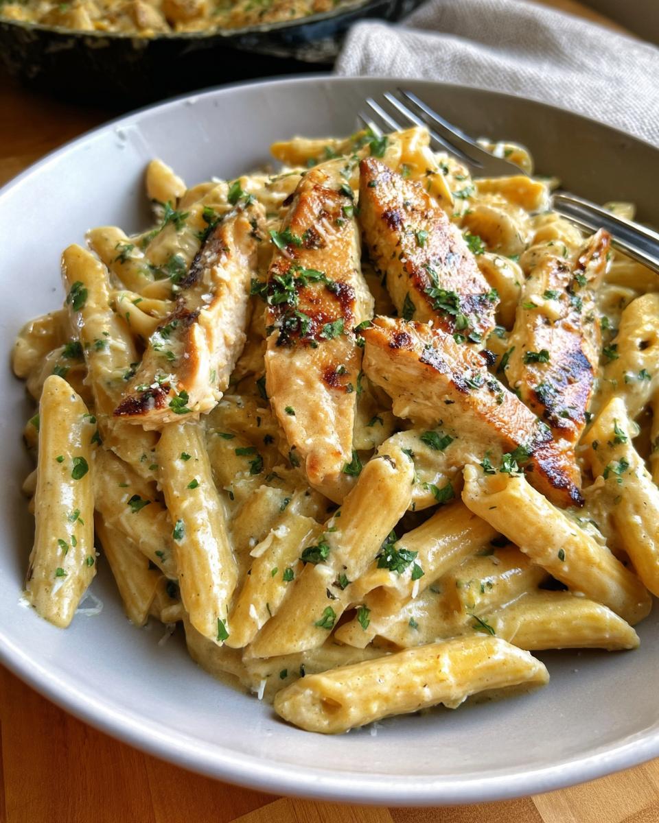 A close-up of a bowl filled with Creamy Garlic Parmesan Chicken Pasta, topped with sliced grilled chicken and parsley.