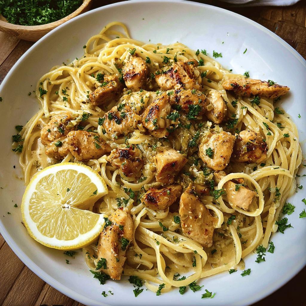 A close-up of Creamy Garlic Parmesan Chicken Pasta topped with grilled chicken pieces and fresh parsley, garnished with a lemon slice.