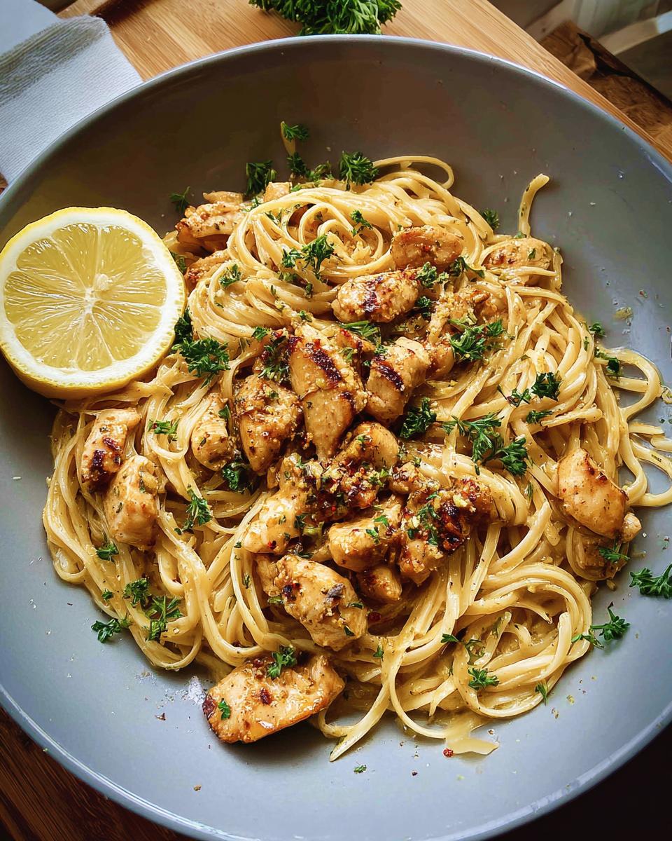 A bowl of Creamy Garlic Parmesan Chicken Pasta topped with grilled chicken pieces and fresh parsley, garnished with a lemon wedge.