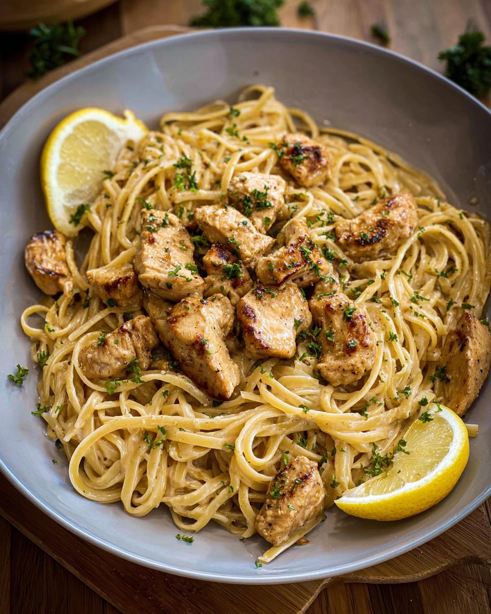 A close-up of Creamy Garlic Parmesan Chicken Pasta topped with seared chicken pieces and lemon wedges.