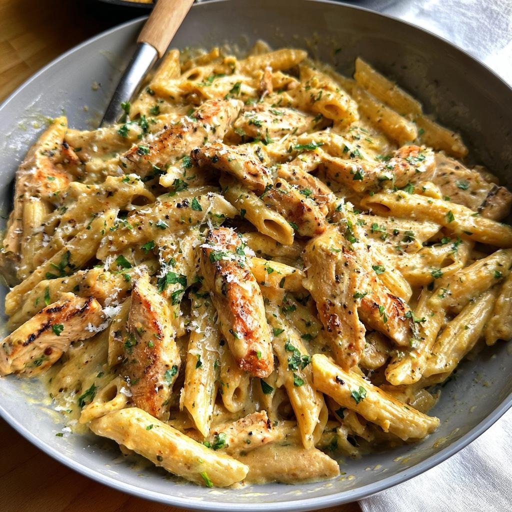 Close-up of Creamy Garlic Parmesan Chicken Pasta with penne, grilled chicken strips, and parsley garnish.