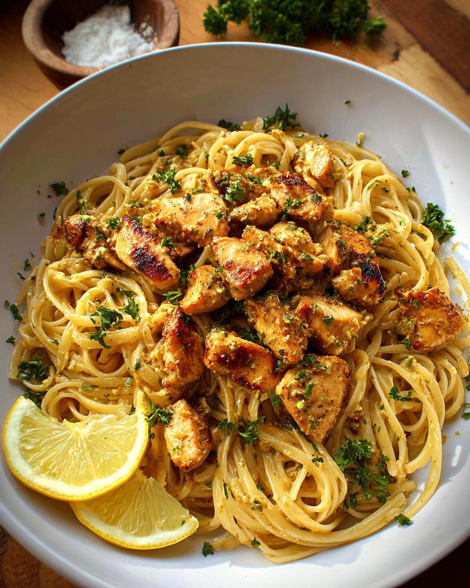 A close-up of Creamy Garlic Parmesan Chicken Pasta topped with seared chicken pieces and fresh parsley, garnished with lemon wedges.