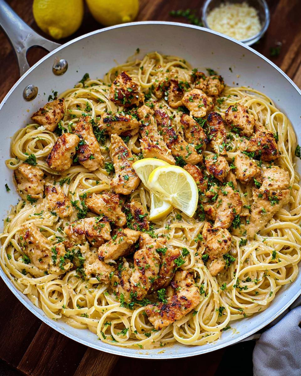 Close-up of Creamy Garlic Parmesan Chicken Pasta tossed with herbs in a white skillet.