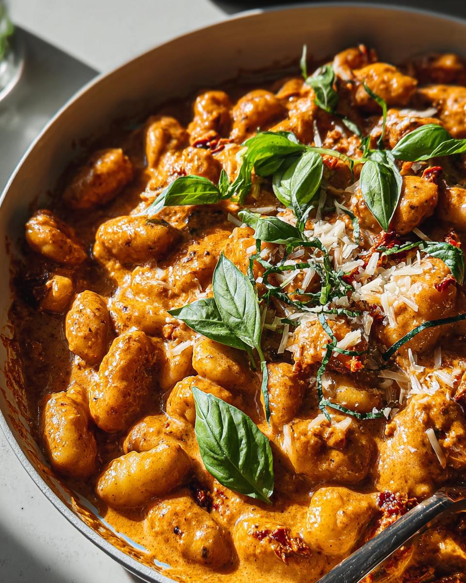 Close-up of creamy gnocchi with sun-dried tomatoes and basil, perfect for easy dinner recipes.