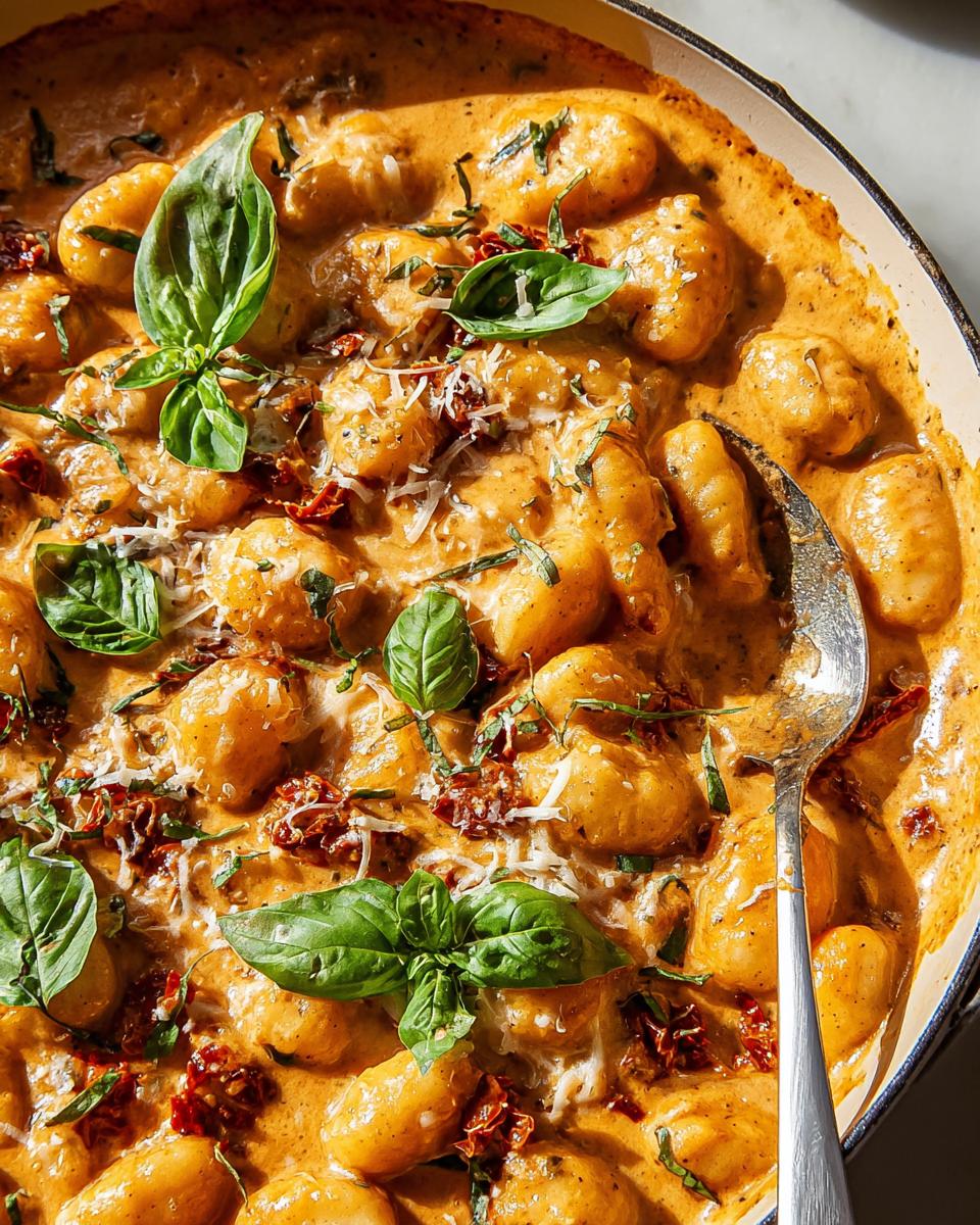 Close-up of creamy gnocchi with sun-dried tomatoes and basil, perfect for easy dinner recipes in 20 minutes.