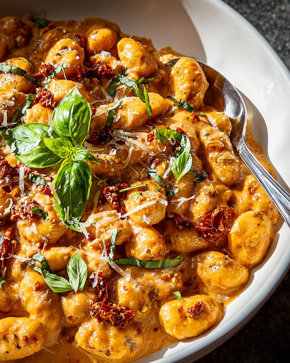 Close-up of creamy gnocchi with sun-dried tomatoes and fresh basil, a perfect example of easy dinner recipes.