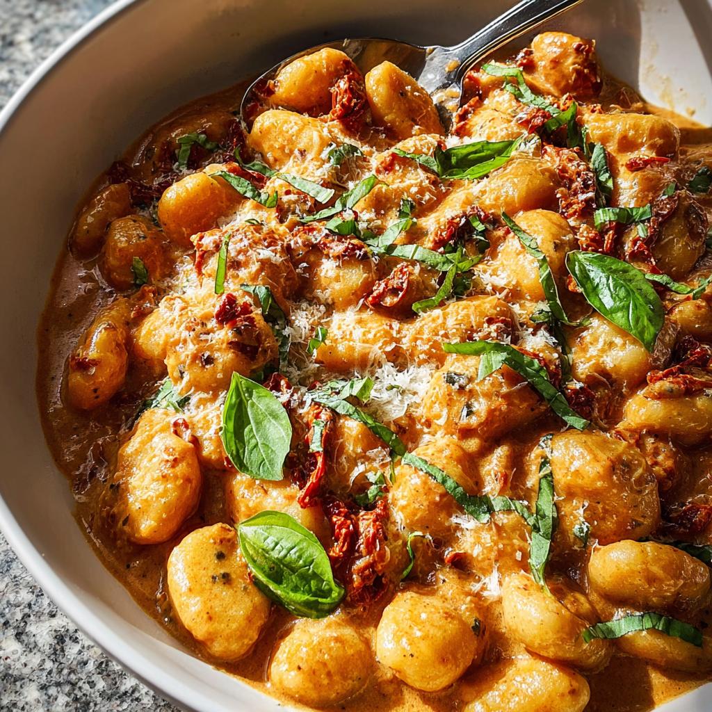 Close-up of creamy gnocchi with sun-dried tomatoes and fresh basil, a perfect example of easy dinner recipes.