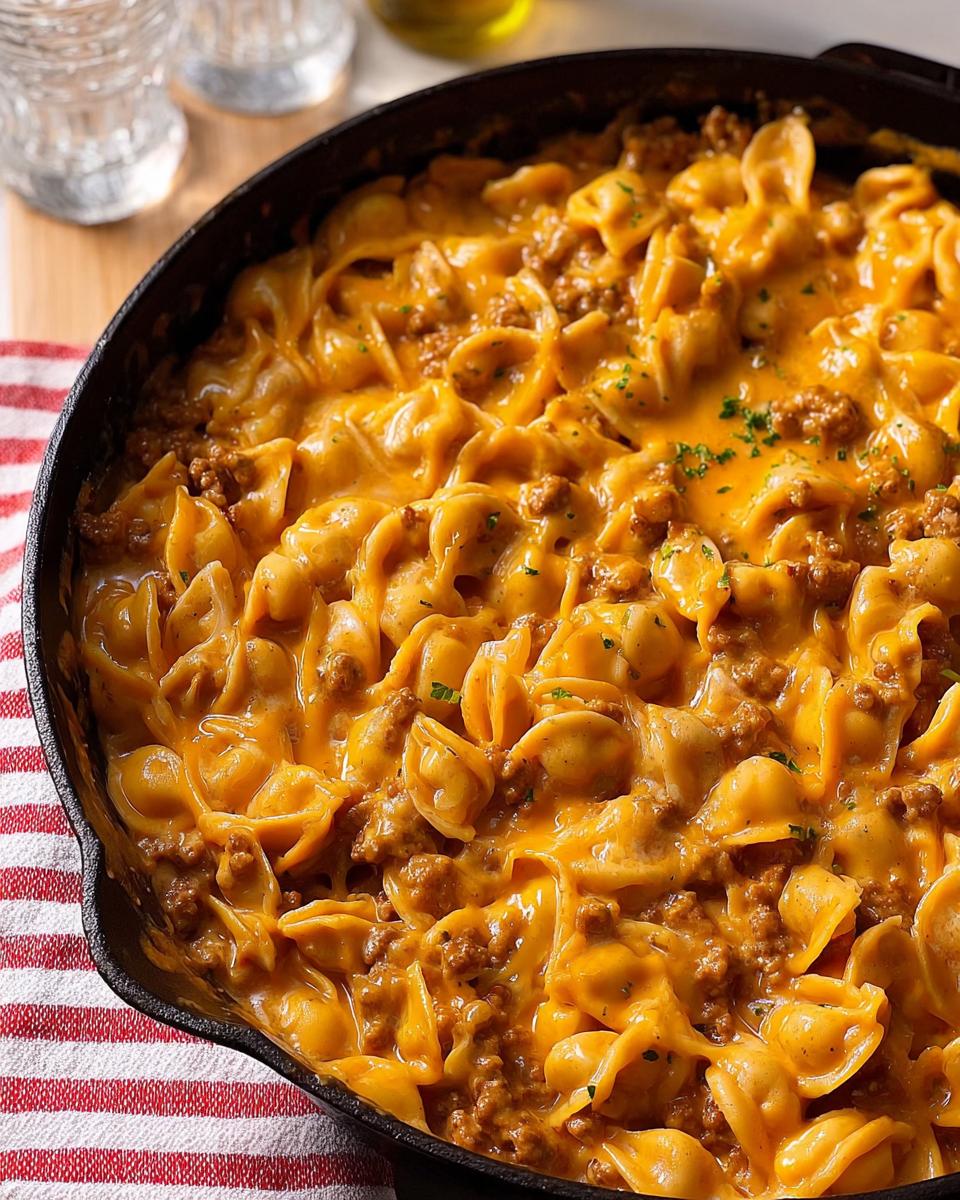 A close-up view of a rich and cheesy Creamy Hamburger Skillet featuring pasta shells mixed with ground beef in a black cast iron pan.