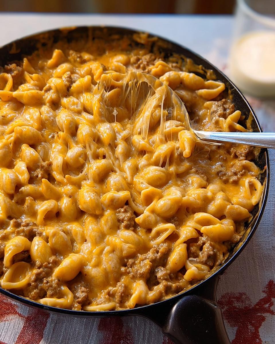 A close-up of a skillet filled with creamy hamburger skillet, featuring shell pasta, ground beef, and melted cheese stretching as a spoon lifts some.