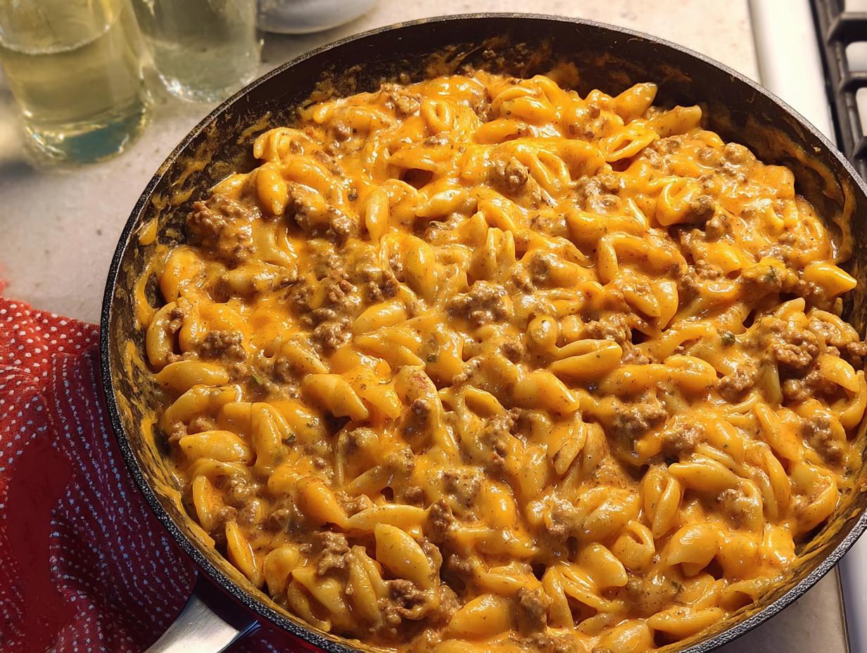 A close-up of a skillet filled with creamy hamburger skillet, featuring elbow macaroni mixed with ground beef and melted cheddar cheese sauce.