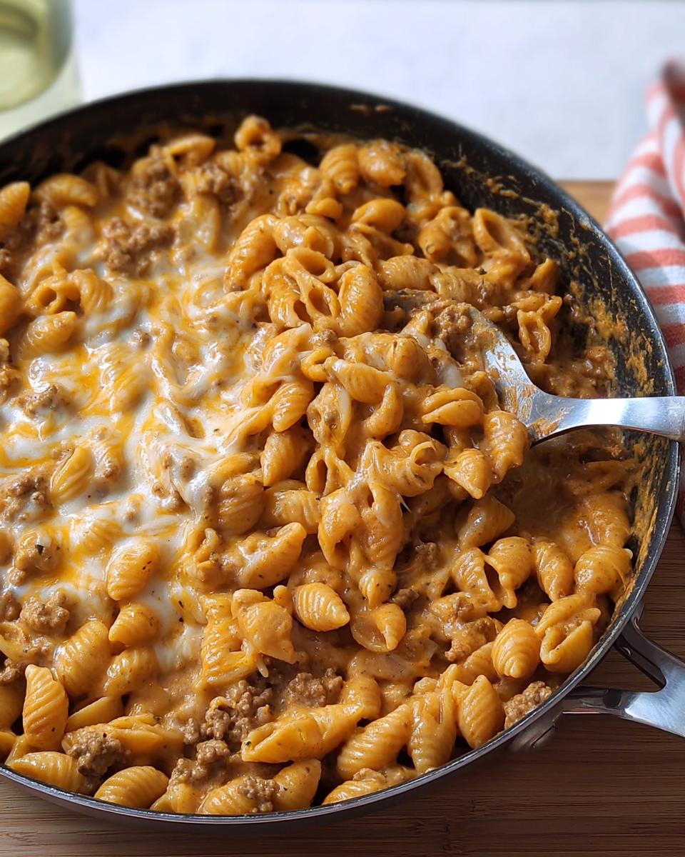 Close-up of a skillet filled with creamy hamburger skillet pasta topped with melted cheese, being stirred with a spoon.