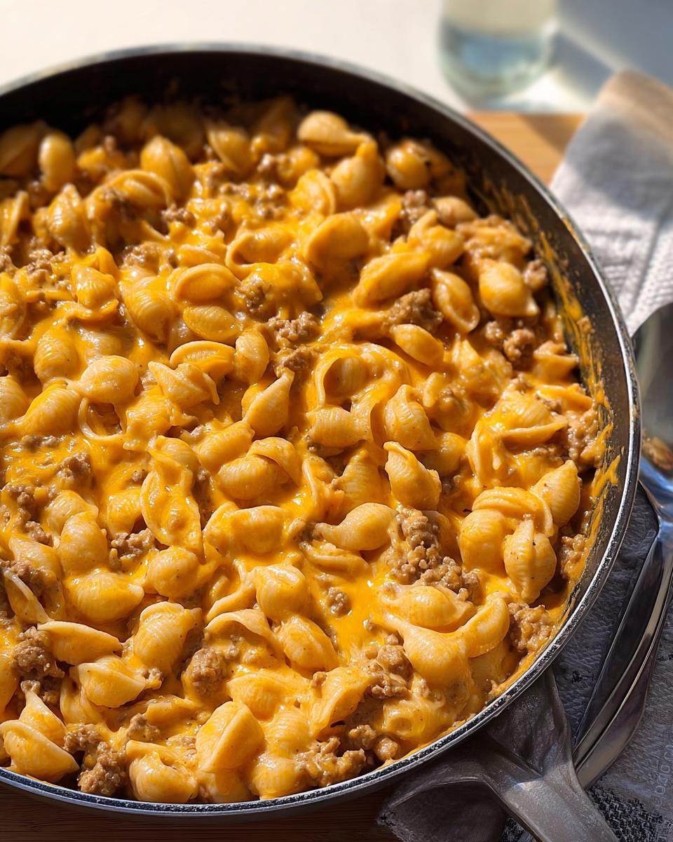 A close-up view of the finished Creamy Hamburger Skillet featuring shell pasta mixed with ground beef and melted cheddar cheese sauce.