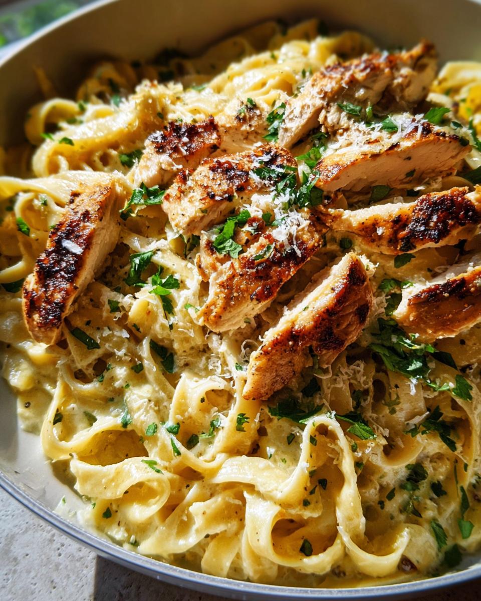 A close-up view of creamy lemon chicken pasta featuring fettuccine noodles topped with sliced grilled chicken and fresh parsley.