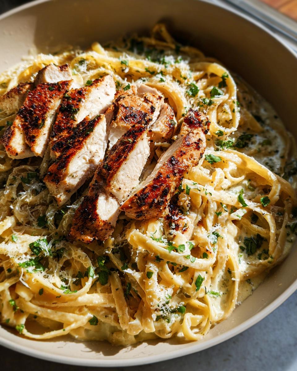 Close-up of Creamy Lemon Chicken Pasta topped with sliced, grilled chicken breast and fresh parsley.
