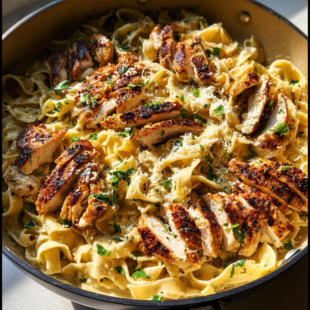 A close-up view of Creamy Lemon Chicken Pasta featuring fettuccine, sliced seasoned chicken, and grated Parmesan cheese.