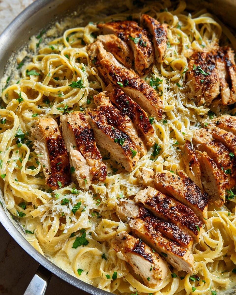 Close-up of Creamy Lemon Chicken Pasta with sliced grilled chicken breast in a skillet, topped with Parmesan.