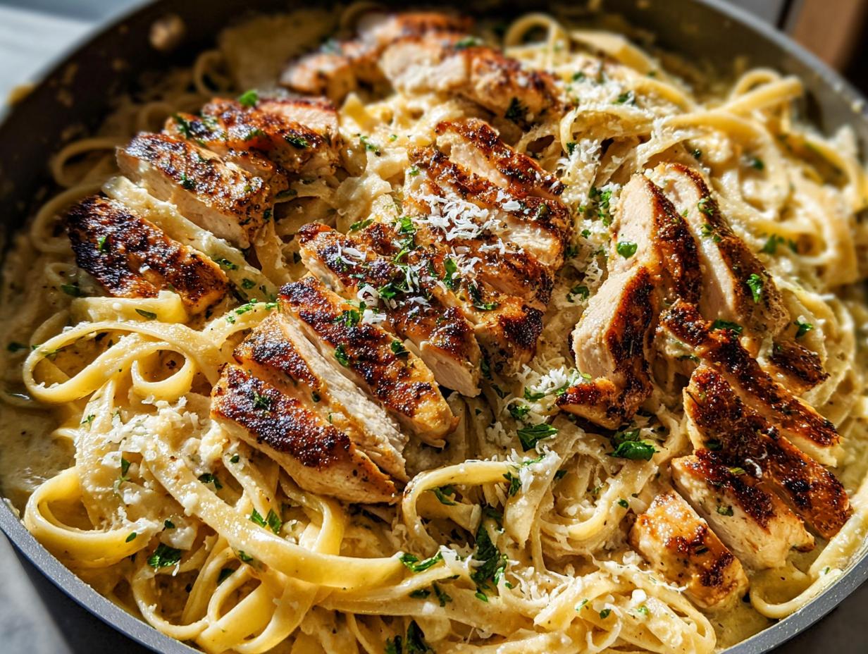 Close-up of sliced grilled chicken breast served over fettuccine in a rich sauce for Creamy Lemon Chicken Pasta.