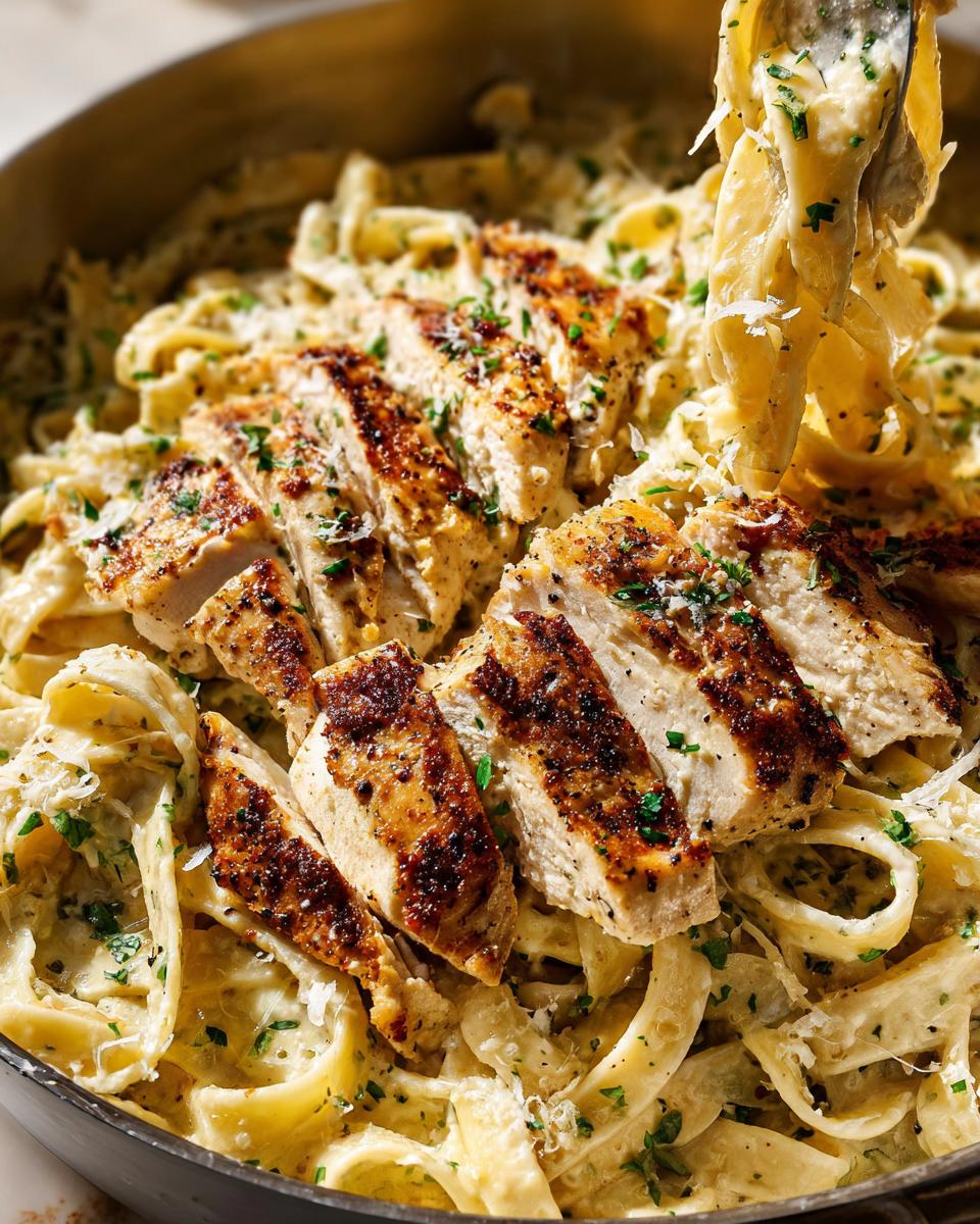Close-up of Creamy Lemon Chicken Pasta featuring sliced, seared chicken breast over fettuccine in a rich sauce.