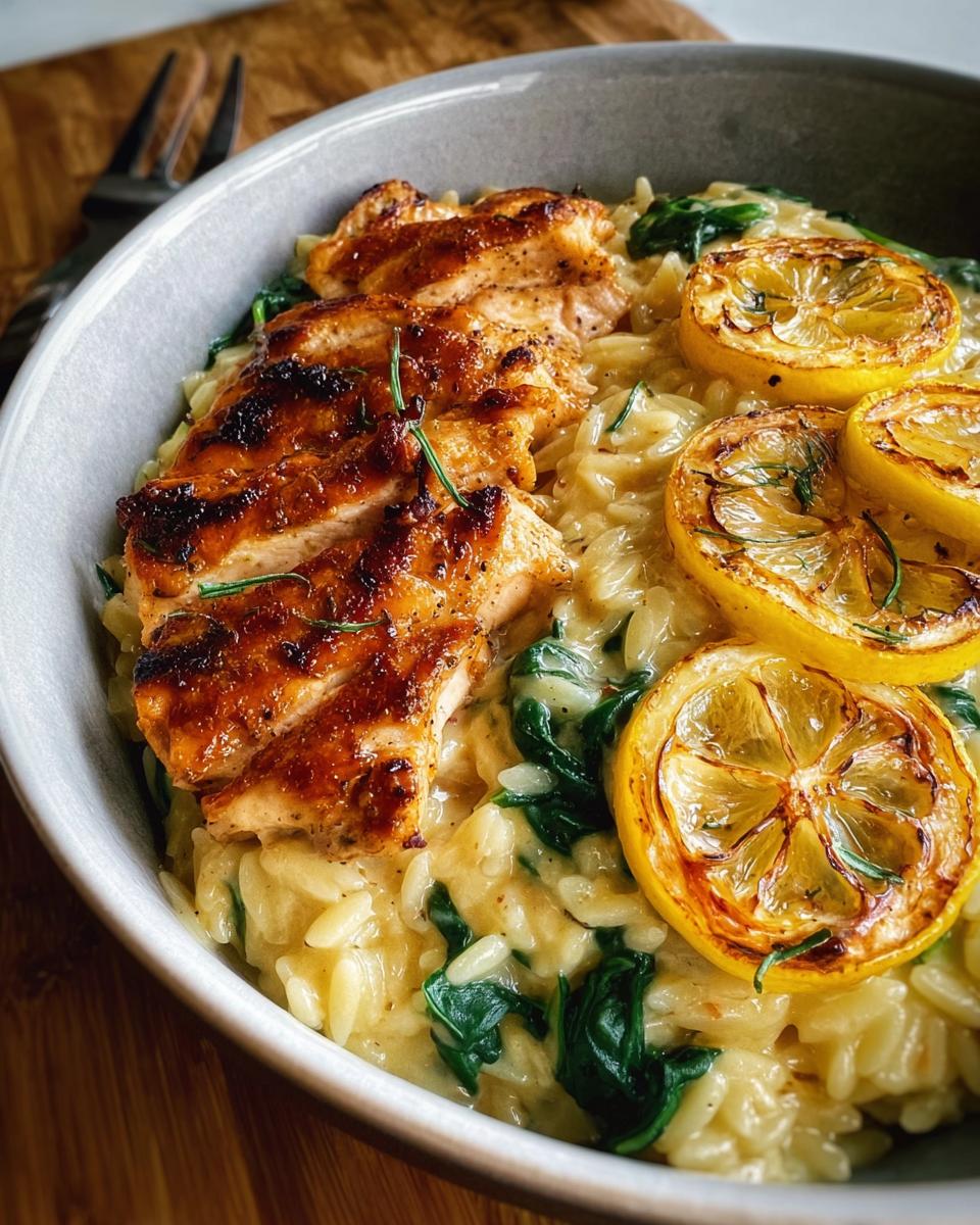 Close-up of creamy lemon garlic chicken risoni with spinach and grilled lemon slices, a perfect pasta recipe for busy weeknights.