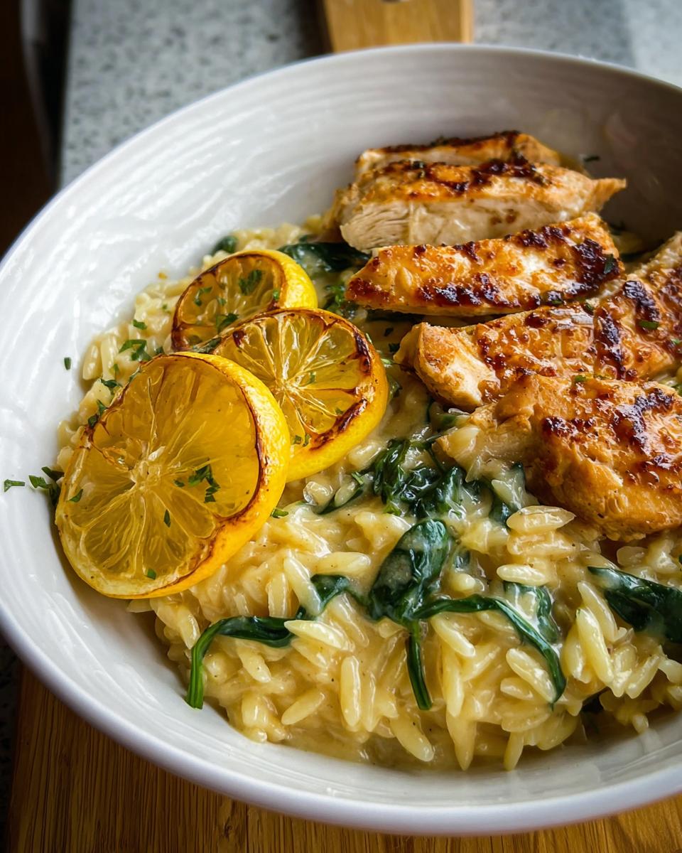 A bowl of creamy lemon garlic chicken risoni with grilled chicken breast slices and caramelized lemon rounds.