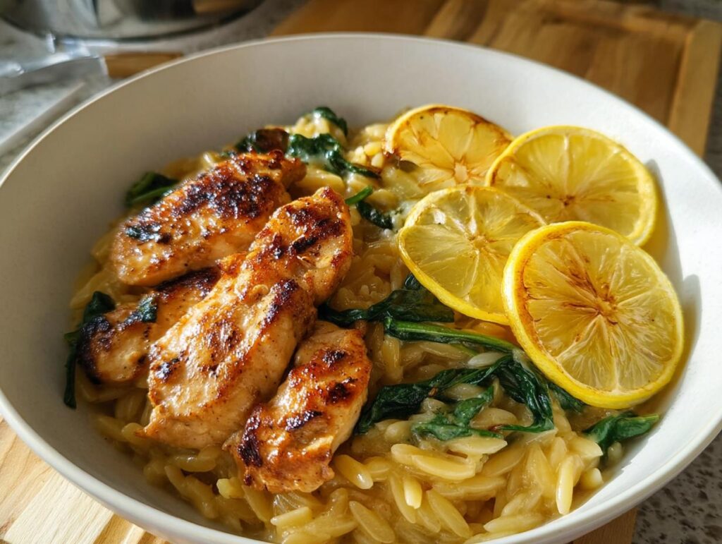 A bowl of creamy lemon garlic chicken risoni, featuring grilled chicken strips, spinach, and lemon slices.