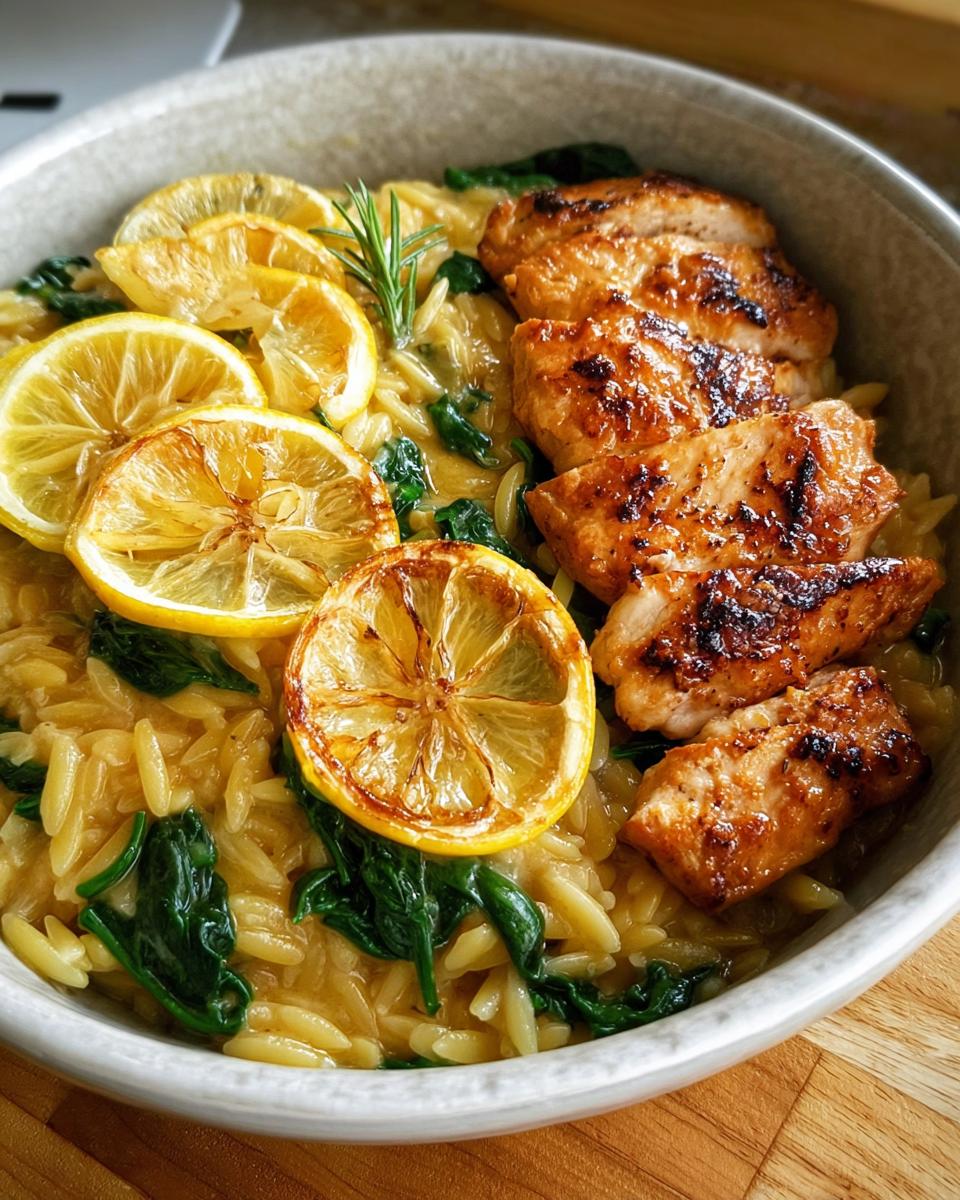 Close-up of creamy lemon garlic chicken risoni with spinach and lemon slices, perfect for pasta recipes for busy weeknights.
